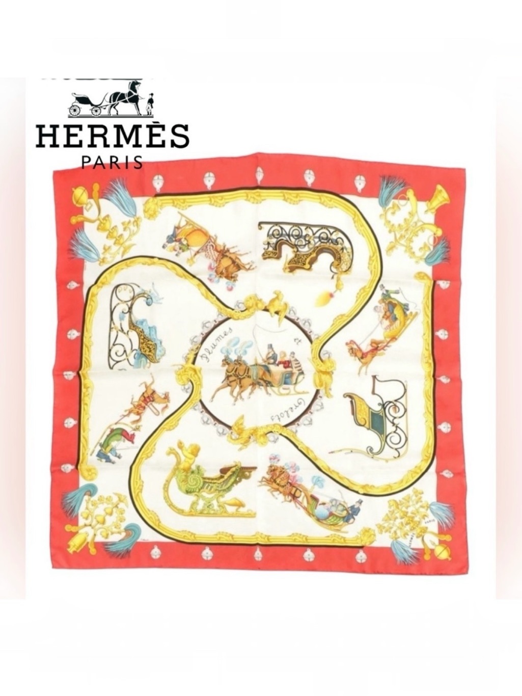 Herms 90 Silk Scarf “Plumes” With Box Rolled Hems Vintage Carre Made In France